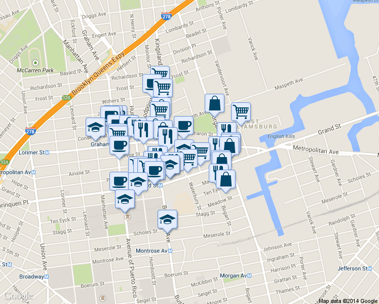 map of restaurants, bars, coffee shops, grocery stores, and more near 928 Metropolitan Avenue in Brooklyn
