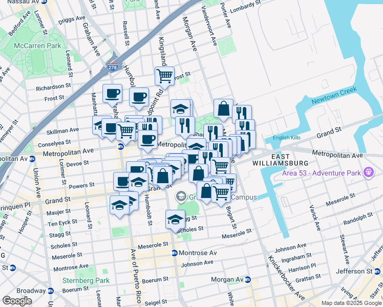map of restaurants, bars, coffee shops, grocery stores, and more near 928 Metropolitan Avenue in Brooklyn