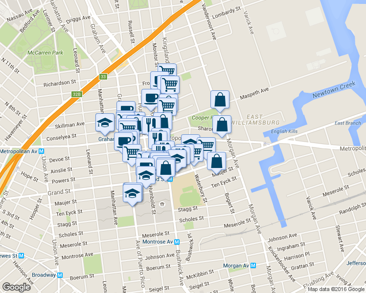map of restaurants, bars, coffee shops, grocery stores, and more near 890 Metropolitan Avenue in Brooklyn