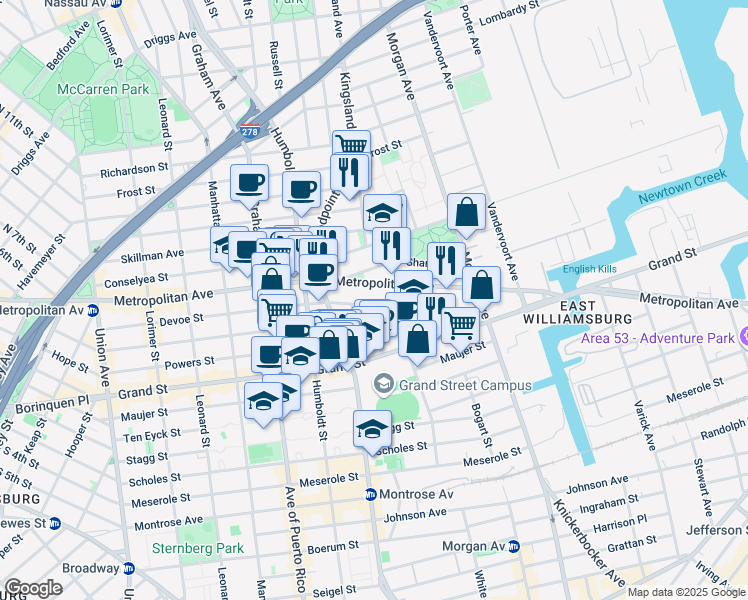 map of restaurants, bars, coffee shops, grocery stores, and more near 890 Metropolitan Avenue in Brooklyn
