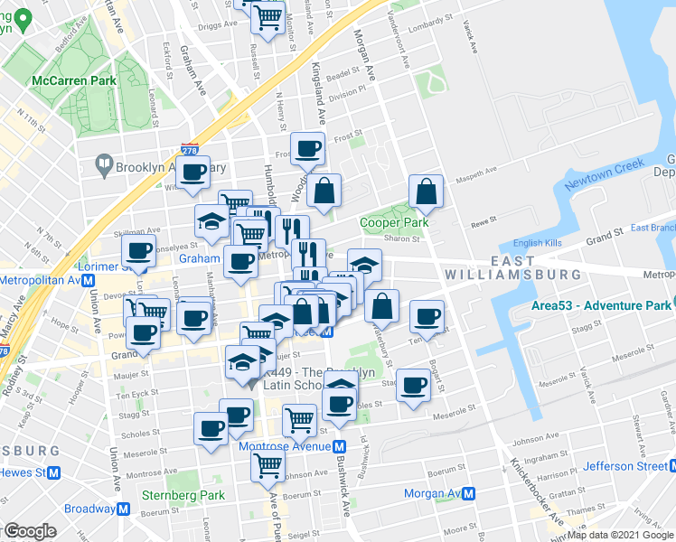 map of restaurants, bars, coffee shops, grocery stores, and more near 890 Metropolitan Avenue in Brooklyn
