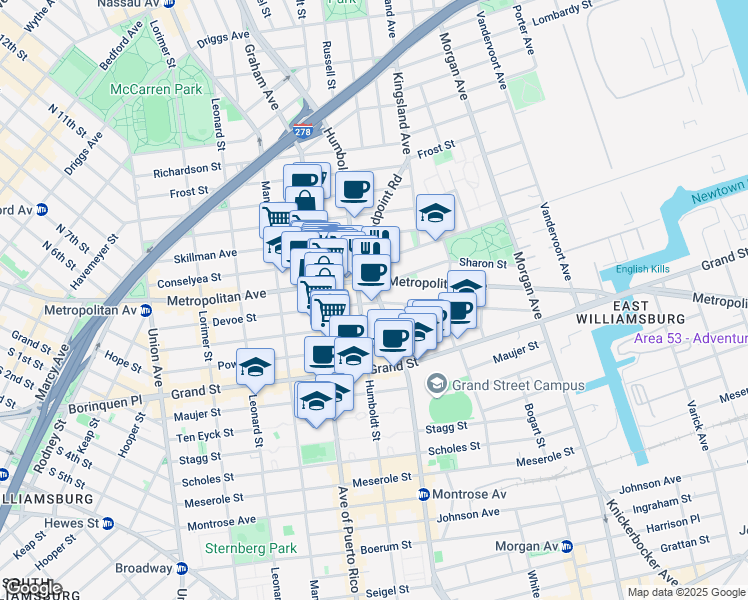 map of restaurants, bars, coffee shops, grocery stores, and more near 790 Metropolitan Avenue in Brooklyn