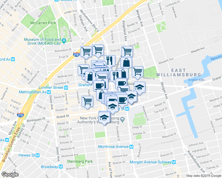 map of restaurants, bars, coffee shops, grocery stores, and more near 790 Metropolitan Avenue in Brooklyn
