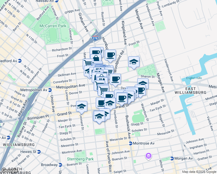 map of restaurants, bars, coffee shops, grocery stores, and more near 790 Metropolitan Avenue in Brooklyn