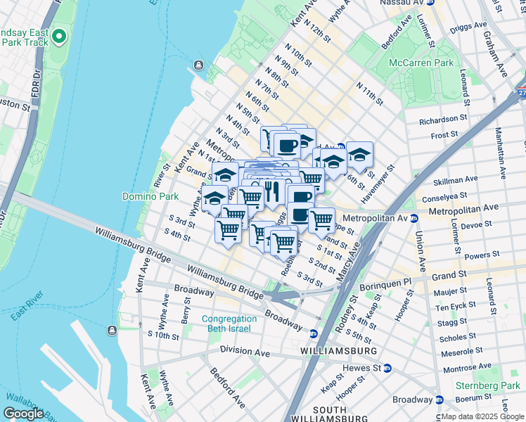 map of restaurants, bars, coffee shops, grocery stores, and more near 172 North 1st Street in Brooklyn