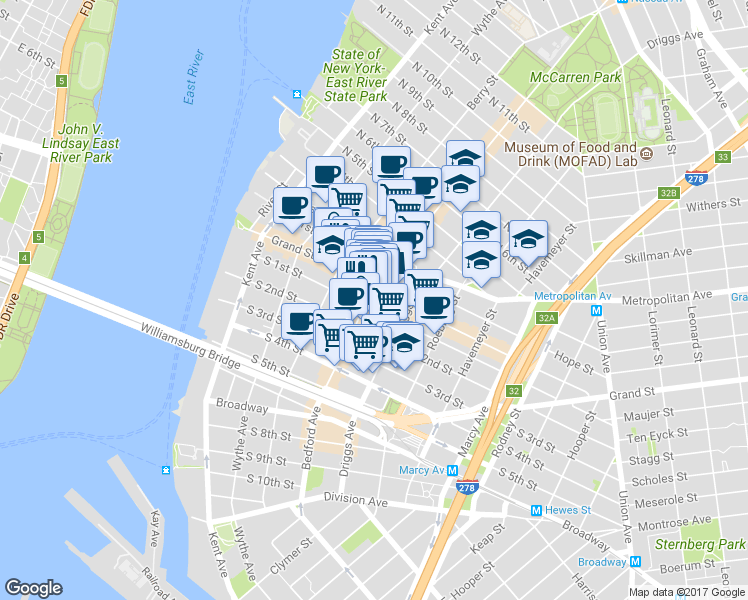map of restaurants, bars, coffee shops, grocery stores, and more near 156 Grand Street in Brooklyn