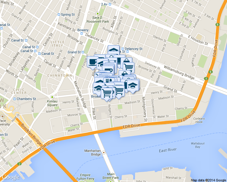 map of restaurants, bars, coffee shops, grocery stores, and more near 188 East Broadway in New York