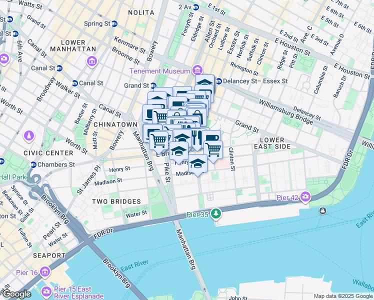 map of restaurants, bars, coffee shops, grocery stores, and more near 153 East Broadway in New York