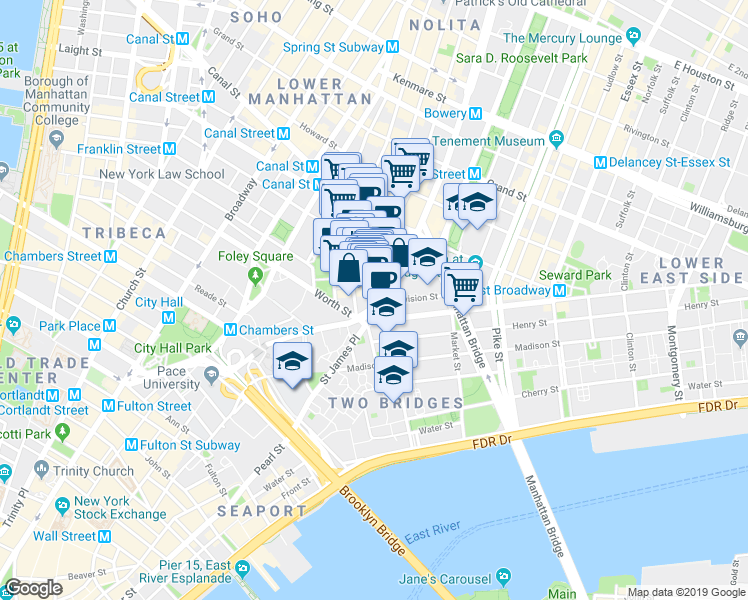 map of restaurants, bars, coffee shops, grocery stores, and more near 12 Chatham Square in New York