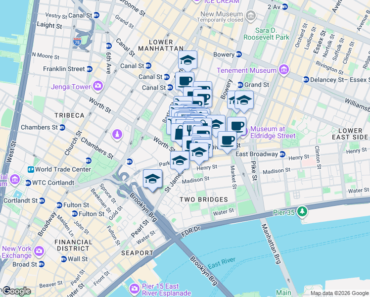 map of restaurants, bars, coffee shops, grocery stores, and more near 12 Chatham Square in New York