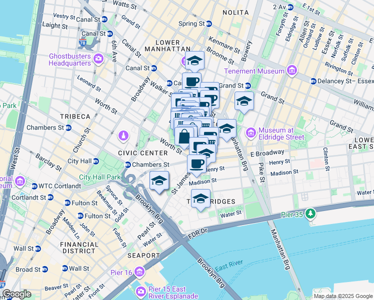 map of restaurants, bars, coffee shops, grocery stores, and more near 42 Mulberry Street in New York