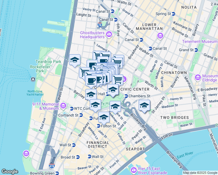 map of restaurants, bars, coffee shops, grocery stores, and more near 277 Broadway in New York