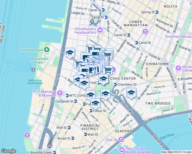 map of restaurants, bars, coffee shops, grocery stores, and more near 277 Broadway in New York