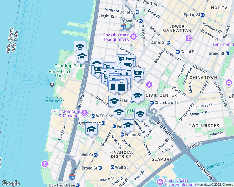 map of restaurants, bars, coffee shops, grocery stores, and more near 165 Church Street in New York