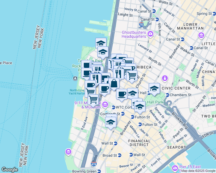 map of restaurants, bars, coffee shops, grocery stores, and more near 125 Barclay Street in New York