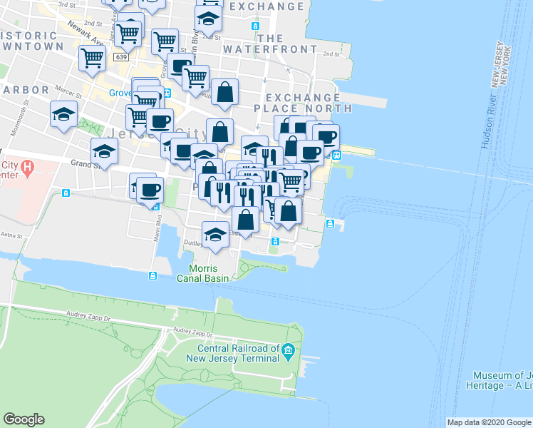 map of restaurants, bars, coffee shops, grocery stores, and more near 77 Sussex Street in Jersey City