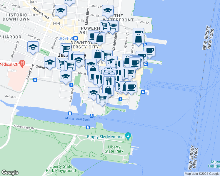 map of restaurants, bars, coffee shops, grocery stores, and more near 77 Sussex Street in Jersey City