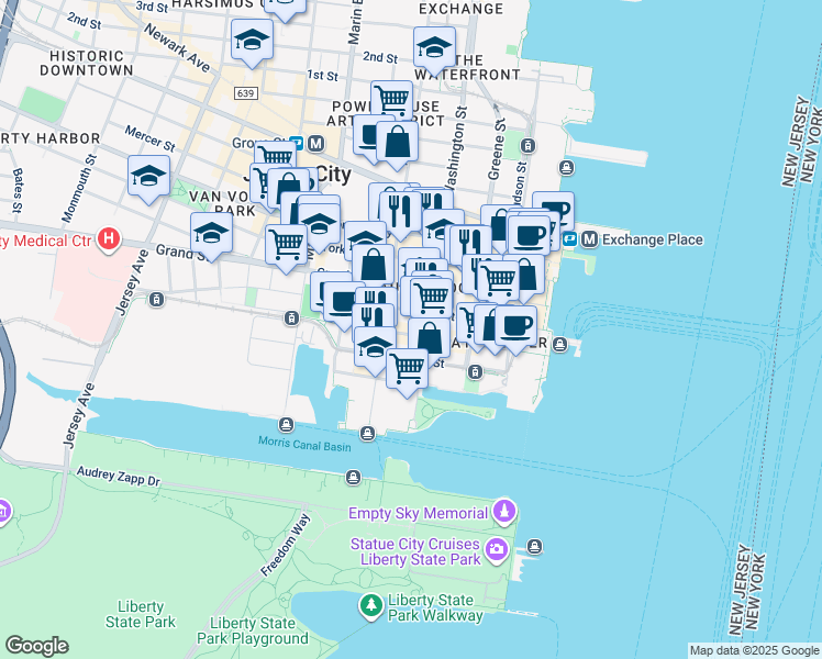 map of restaurants, bars, coffee shops, grocery stores, and more near 103 Sussex Street in Jersey City