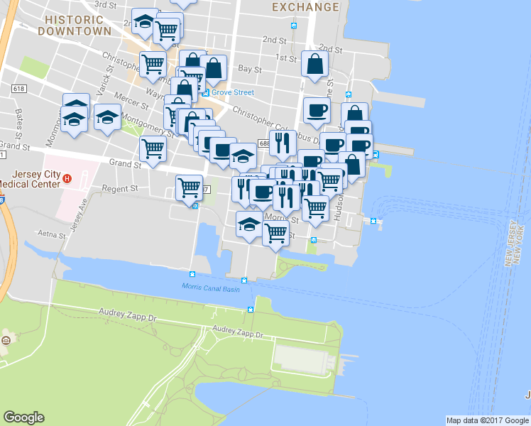 map of restaurants, bars, coffee shops, grocery stores, and more near 103 Sussex Street in Jersey City