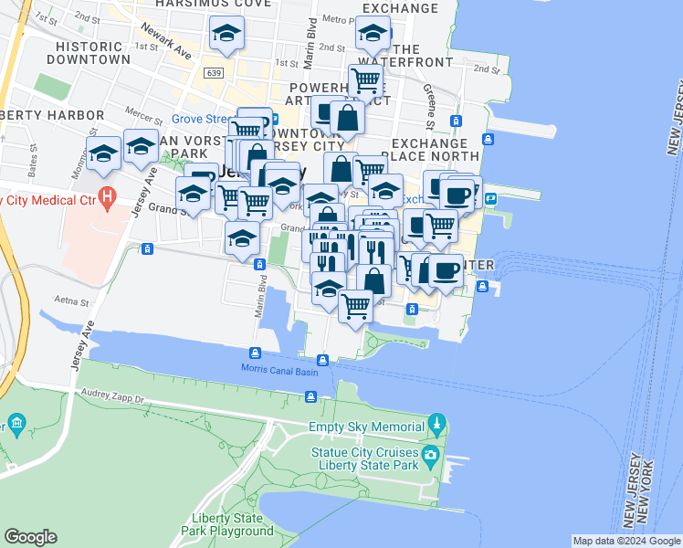map of restaurants, bars, coffee shops, grocery stores, and more near 207 Warren Street in Jersey City