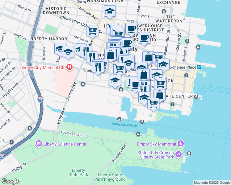 map of restaurants, bars, coffee shops, grocery stores, and more near 220 Morris Boulevard in Jersey City