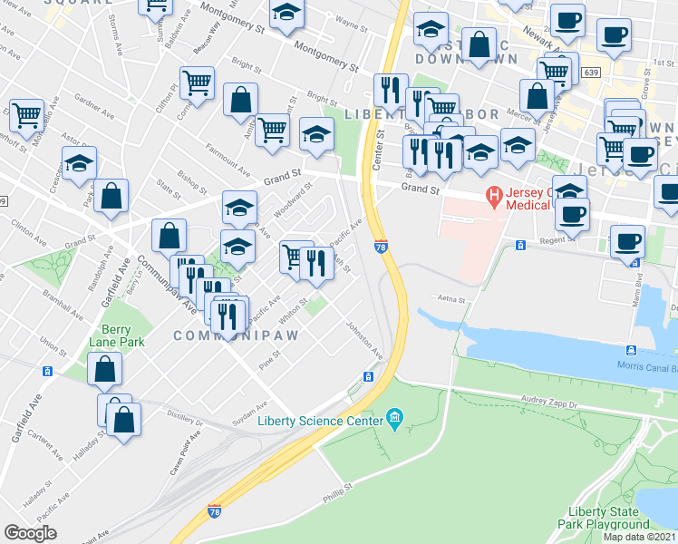 map of restaurants, bars, coffee shops, grocery stores, and more near 442 Pacific Avenue in Jersey City