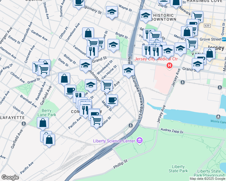 map of restaurants, bars, coffee shops, grocery stores, and more near 442 Pacific Avenue in Jersey City