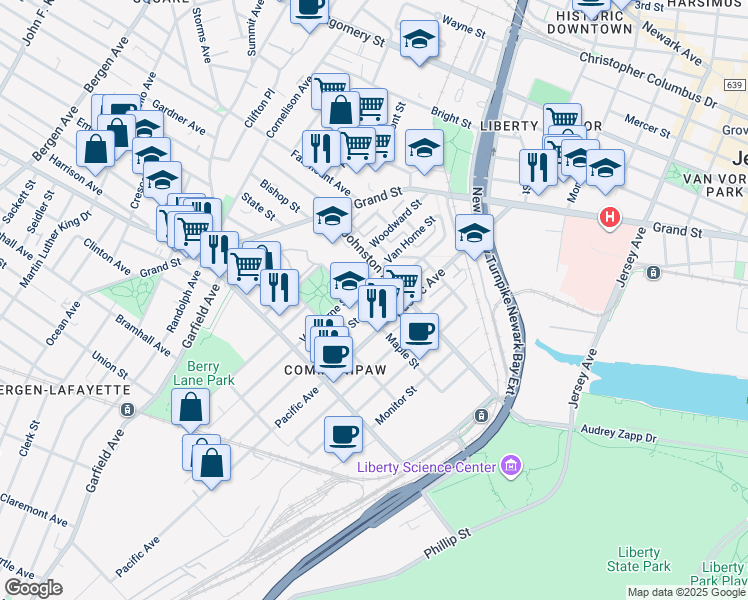 map of restaurants, bars, coffee shops, grocery stores, and more near 296 Van Horne Street in Jersey City