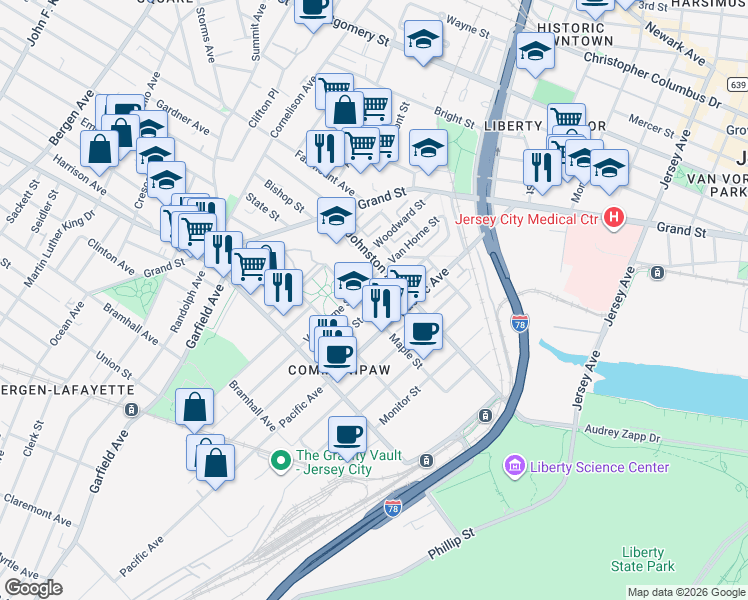 map of restaurants, bars, coffee shops, grocery stores, and more near 296 Van Horne Street in Jersey City