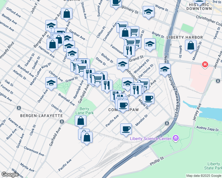 map of restaurants, bars, coffee shops, grocery stores, and more near 144 Lafayette Street in Jersey City