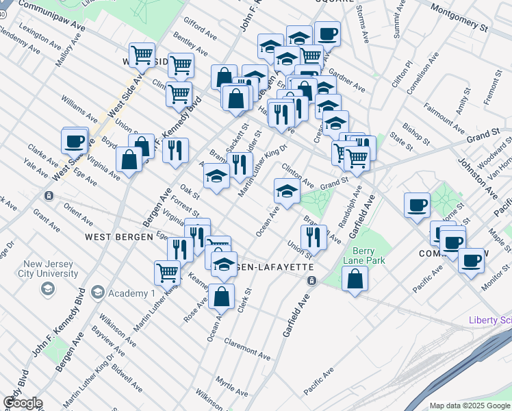 map of restaurants, bars, coffee shops, grocery stores, and more near 545 Bramhall Avenue in Jersey City