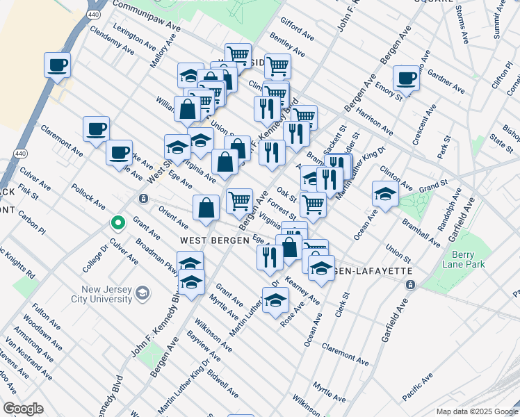 map of restaurants, bars, coffee shops, grocery stores, and more near 367 Bergen Avenue in Jersey City