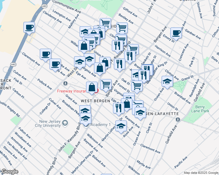 map of restaurants, bars, coffee shops, grocery stores, and more near 367 Bergen Avenue in Jersey City