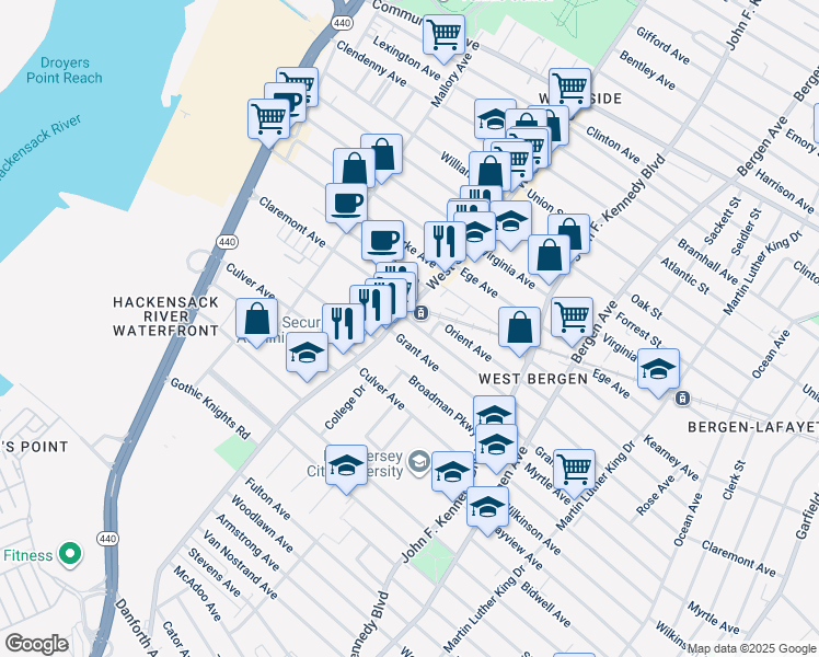 map of restaurants, bars, coffee shops, grocery stores, and more near in Jersey City