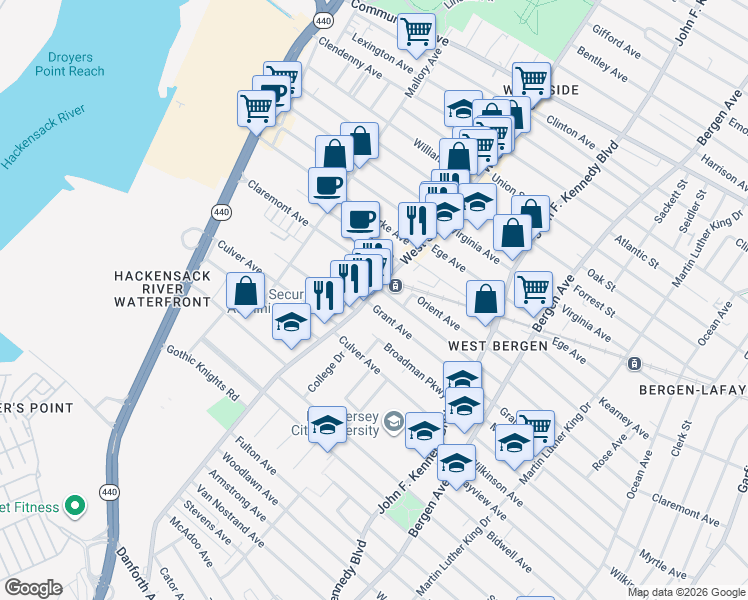 map of restaurants, bars, coffee shops, grocery stores, and more near in Jersey City