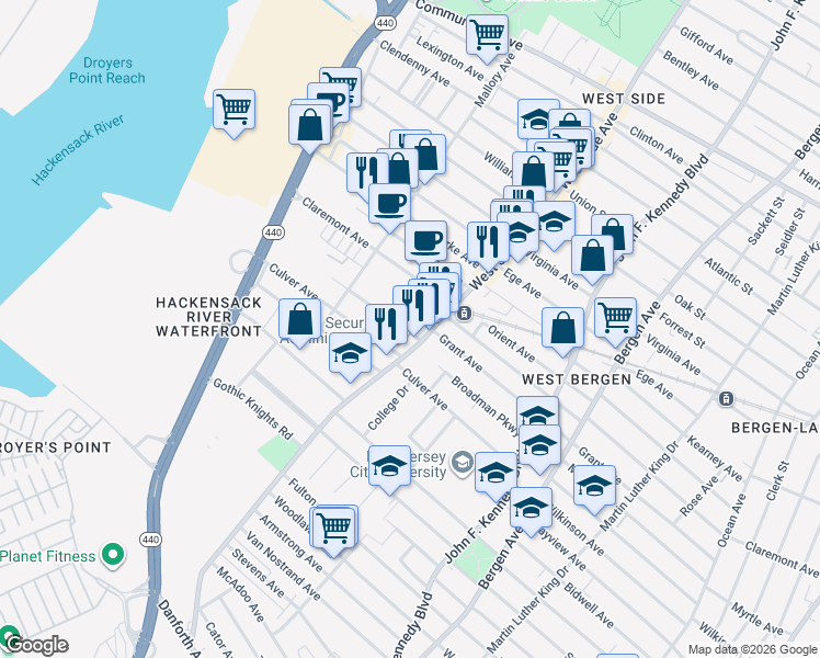 map of restaurants, bars, coffee shops, grocery stores, and more near 315 Grant Avenue in Jersey City