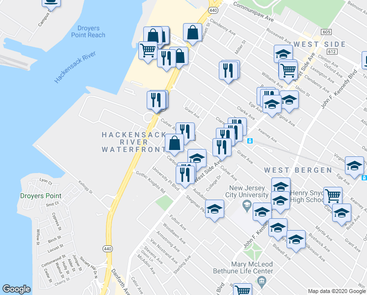 map of restaurants, bars, coffee shops, grocery stores, and more near 211 Culver Avenue in Jersey City