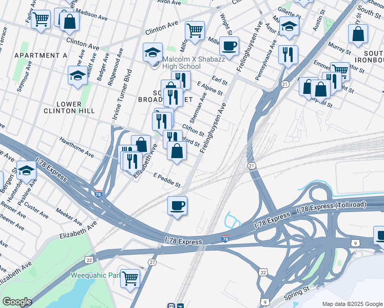 map of restaurants, bars, coffee shops, grocery stores, and more near 288 Sherman Avenue in Newark