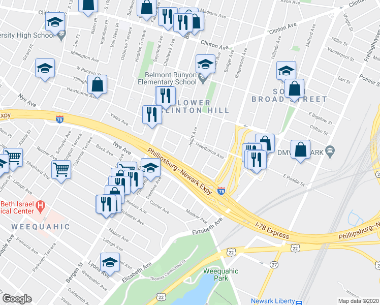 map of restaurants, bars, coffee shops, grocery stores, and more near 358 Peshine Avenue in Newark