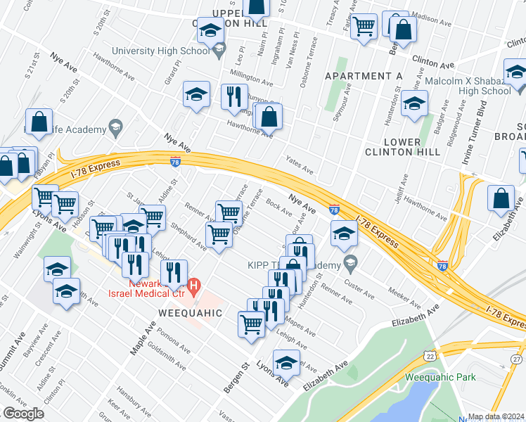 map of restaurants, bars, coffee shops, grocery stores, and more near 56-58 Bock Avenue in Newark