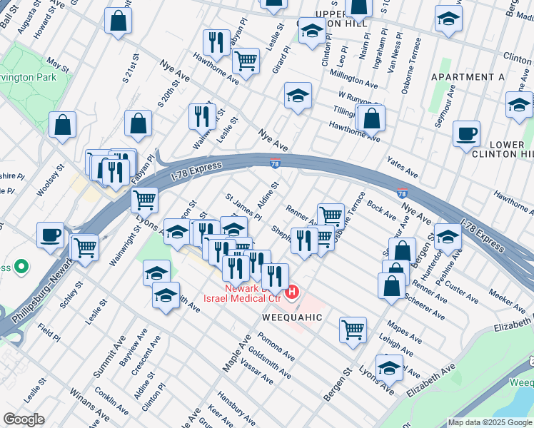 map of restaurants, bars, coffee shops, grocery stores, and more near 36 Aldine Street in Newark