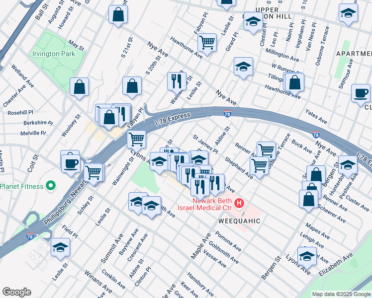 map of restaurants, bars, coffee shops, grocery stores, and more near 146 Dewey Street in Newark