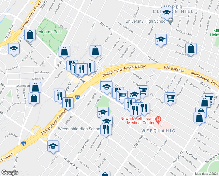 map of restaurants, bars, coffee shops, grocery stores, and more near 275 Leslie Street in Newark