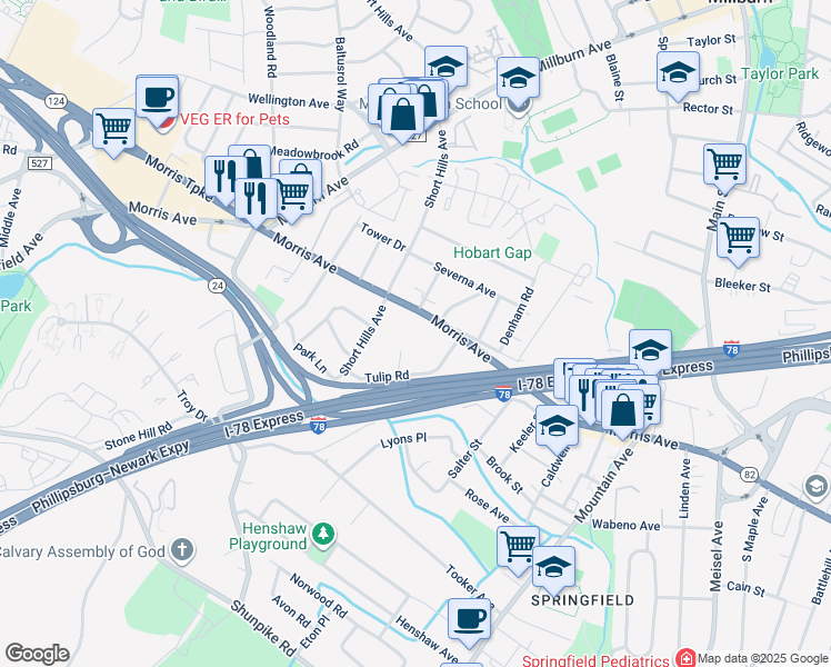 map of restaurants, bars, coffee shops, grocery stores, and more near 436A Morris Avenue in Springfield