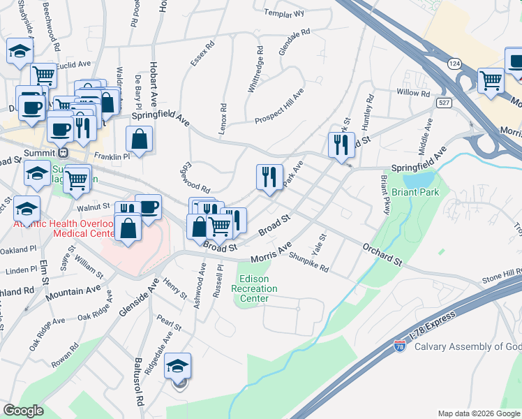 map of restaurants, bars, coffee shops, grocery stores, and more near 41 Orchard Street in Summit
