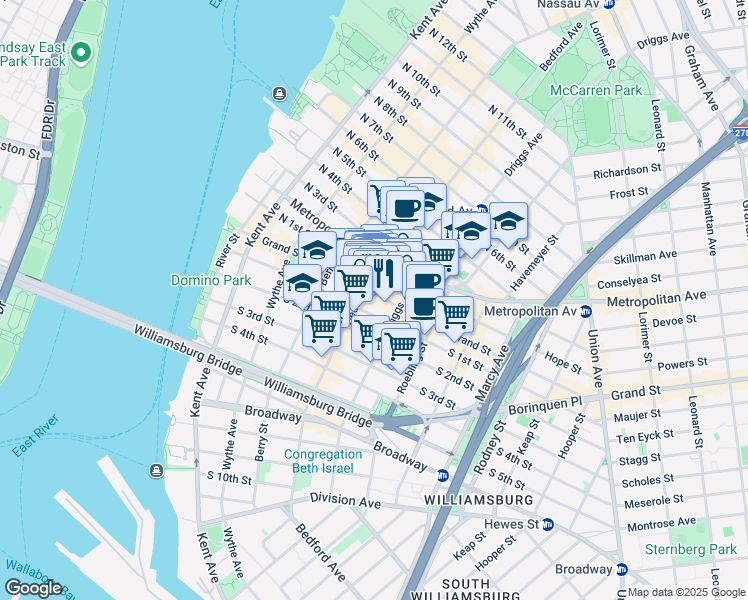 map of restaurants, bars, coffee shops, grocery stores, and more near 172 North 1st Street in Brooklyn