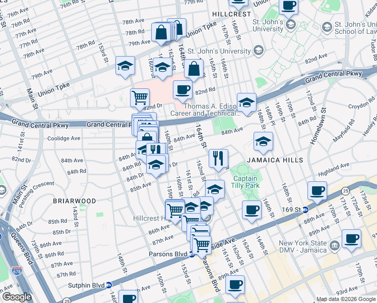 map of restaurants, bars, coffee shops, grocery stores, and more near 160-19 84th Road in Queens