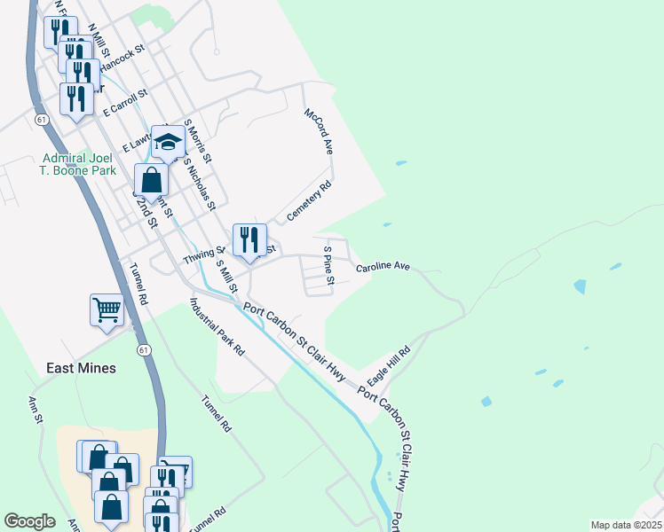 map of restaurants, bars, coffee shops, grocery stores, and more near 61 Caroline Avenue in Pottsville