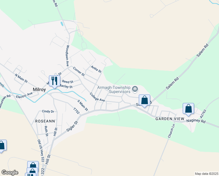 map of restaurants, bars, coffee shops, grocery stores, and more near 99 King Street in Milroy