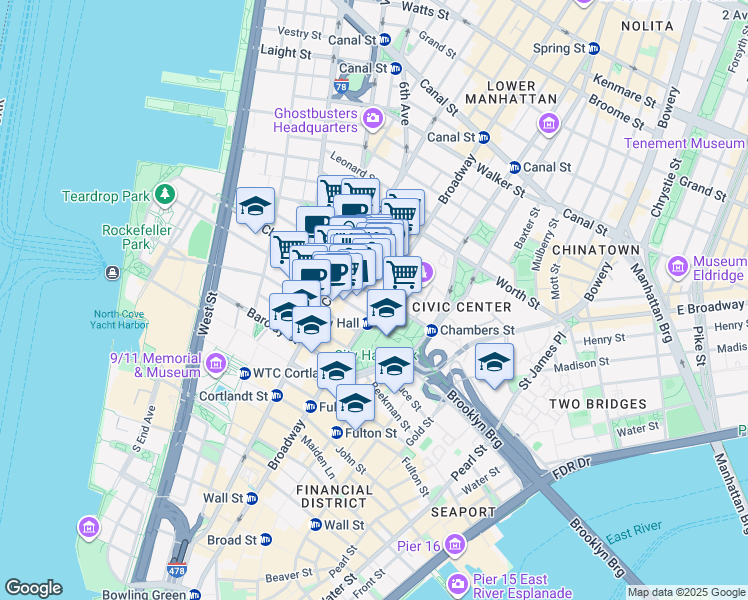 map of restaurants, bars, coffee shops, grocery stores, and more near 277 Broadway in New York